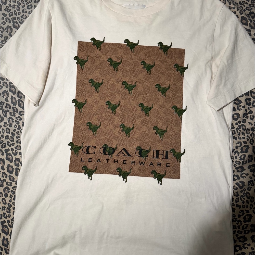 Coach Cream Tee with Brown Logo Panel and Green Dino Print